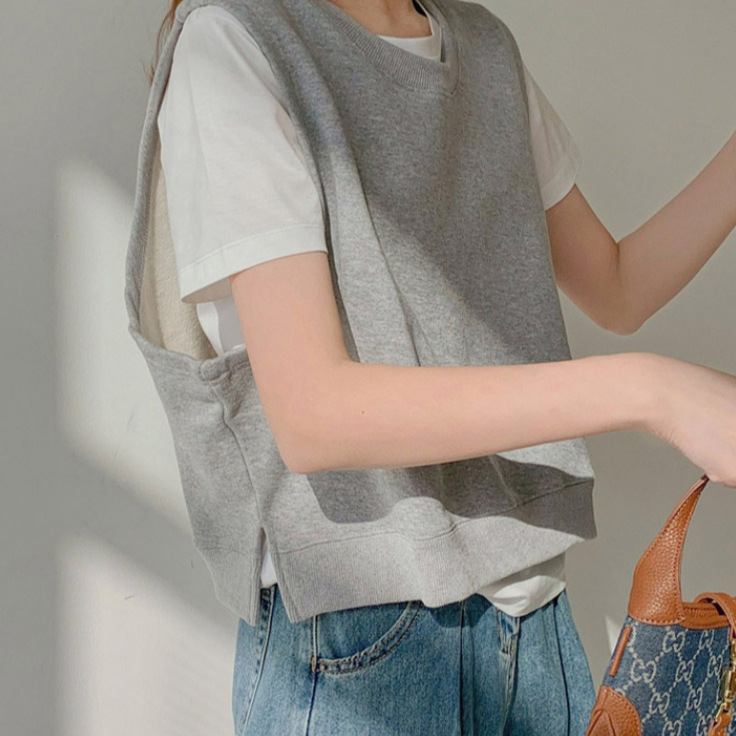 Foreign Trade Spring & Fall Gray Short Cotton Vest Women's Design Niche Sweatshirt Vest Layered Sleeveless Top