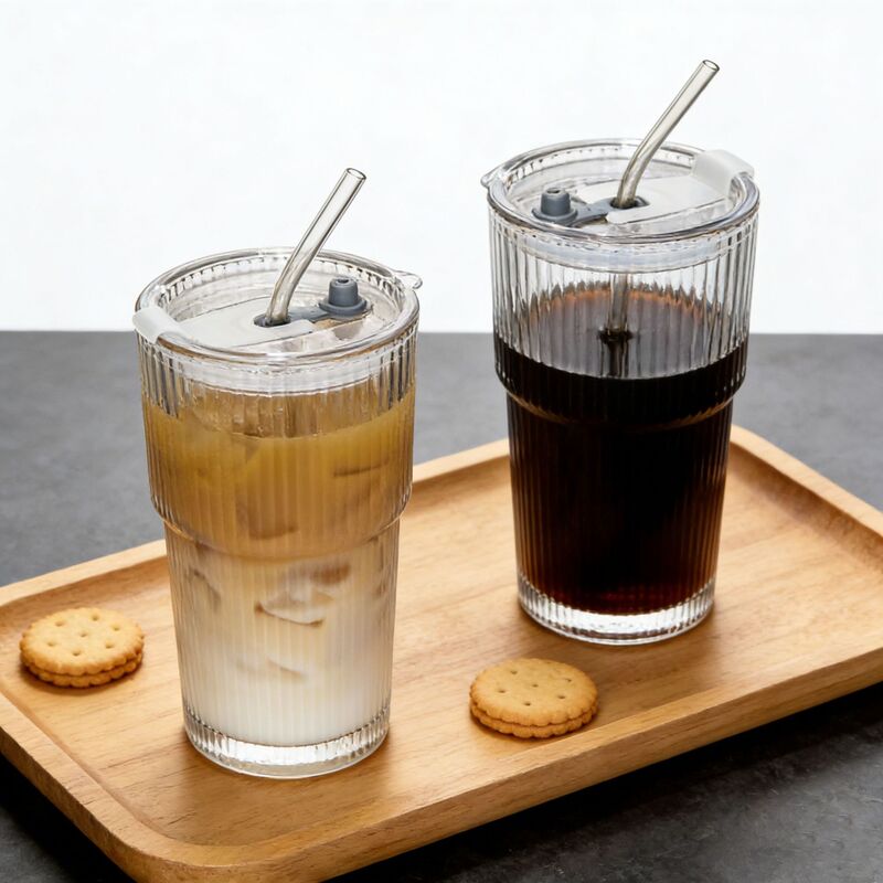 Ready-Made Beverage Cup, Large Capacity, with Lid and Straw, Vertical Stripe Glass Cup, Ins-Style Feng Shui Cup, High-End Feel, Sealed and Leak-Proof