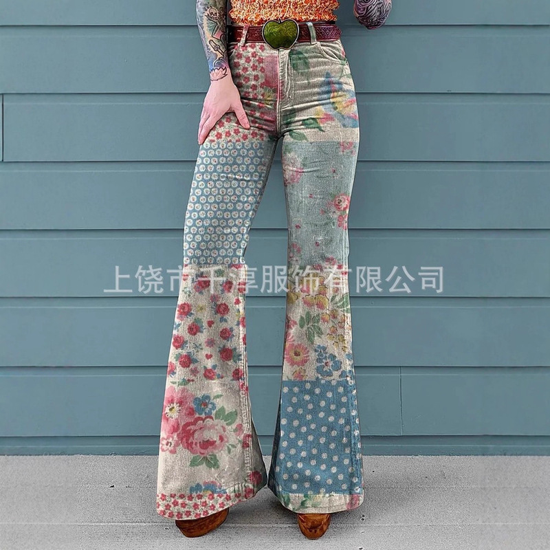 Cross-Border Independent Station Popular Women's European and American Export Retro Floral Patchwork Art Casual Imitation Denim Wide-Leg Trousers