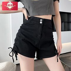 女性用ブラックハイウエストデニムショートパンツ2025夏弾性梨型ボディ痩身ホットガールAラインヒップカバーホットパンツトレンディ