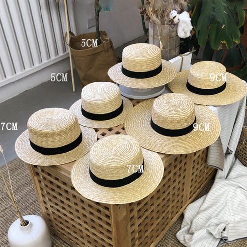 Flat-topped straw hat for women, summer casual vacation beach hat, wheat straw sun hat, British-style top hat