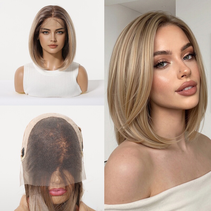 Medium-Length Gradient Blonde Lace Wig for Women, Short Bob Style, Natural and Realistic Lace Wig, Breathable and Lightweight