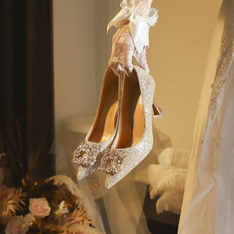 C759-6 Bridesmaid Crystal Shoes Wedding Shoes Stiletto Pointed Toe Bridal Shoes 2025 New High Heels Comfortable for Feet