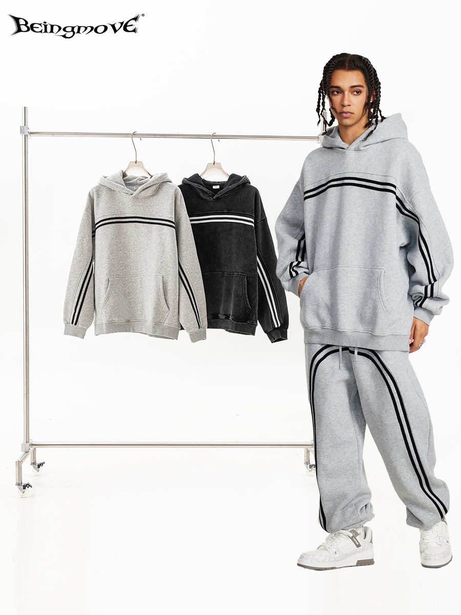 2025 Otoño e Invierno Europeo y Americano High Street Retro Lavado Sudadera con Capucha Forro Polar Deportes Marca De Moda Contraste Rayas Sudadera Tendencia de Los Hombres