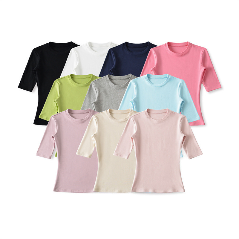 Trendy and Stylish Solid Color T-Shirt with Small Round Neck and Mid-Sleeves, New Spring Model, Versatile and Slim-Fit Base Layer for Women Trendy and Stylish Solid Color T-Shirt with Small Round Neck and Mid-Sleeves, New Spring Model, Versatile and Slim-Fit Base Layer for Women