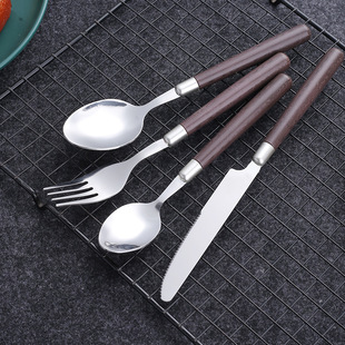 410 Stainless Steel High-Value Tableware Knife, Fork and Spoon Imitation Wood Grain Handle Western Food High-End Steak Knife Coffee Spoon