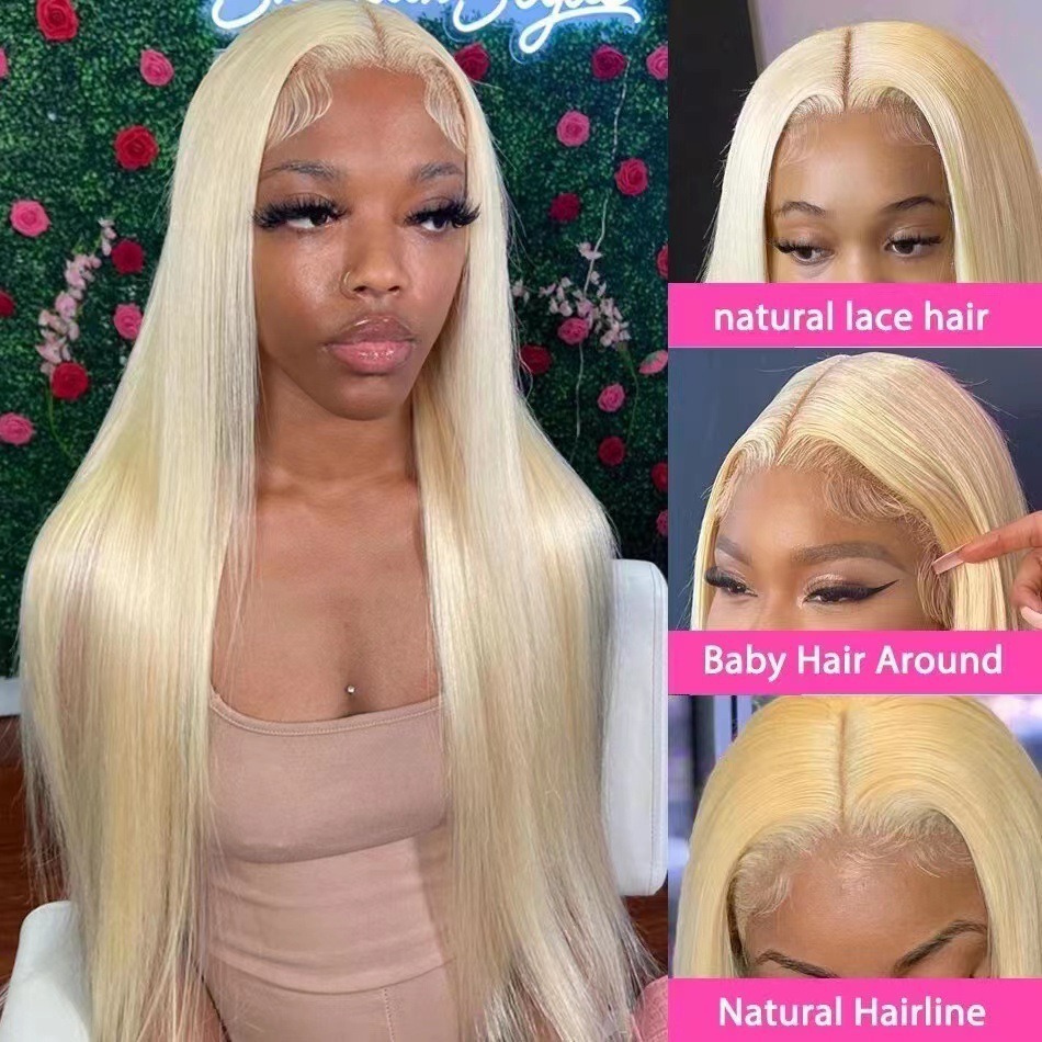 Parrucca da donna in stile europeo-americano con riga centrale, capelli lunghi e lisci, frontale in pizzo, in fibra sintetica resistente alle alte temperature._voghion.com