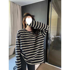 原版兔毛 设计感日系撞色条纹针织衫女冬宽松显瘦毛呢长袖上衣