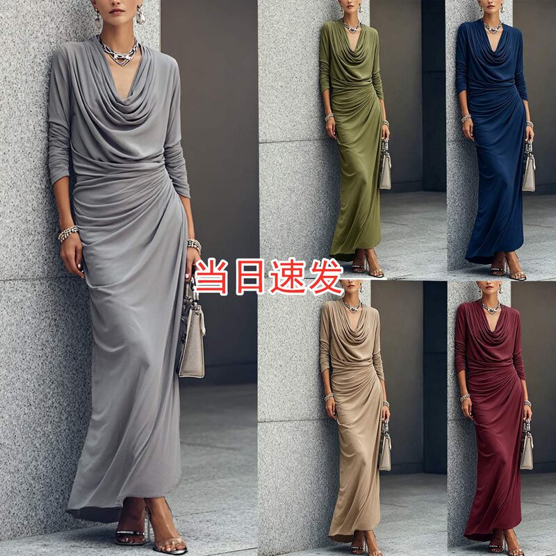 2026 New Drapey Long-Sleeve Dress with Elegant Waist-Cinching Pleats, European and American Style Commuting Dress for Women 2026 New Drapey Long-Sleeve Dress with Elegant Waist-Cinching Pleats, European and American Style Commuting Dress for Women