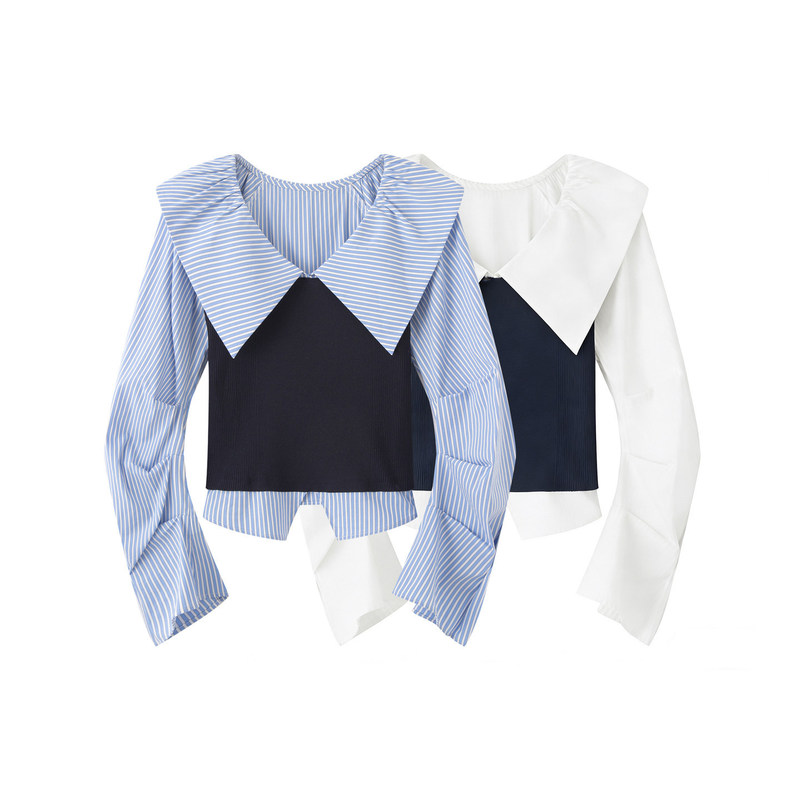 2026 Spring New Fashion Off-Shoulder Faux Two-Piece Striped Patchwork Shirt Women's Top A1Cdg1480 2026 Spring New Fashion Off-Shoulder Faux Two-Piece Striped Patchwork Shirt Women's Top A1Cdg1480