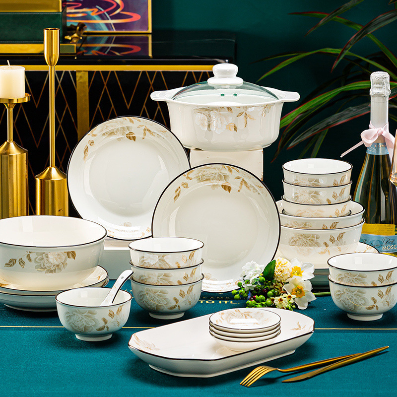 Bowl Household 2023 New Simple Dish Set Ceramic Bowl Chinese Rice Bowl Plate High-Value Bowls and Chopsticks Tableware Factory