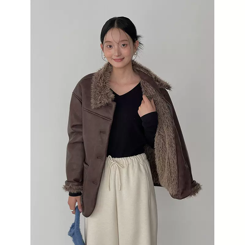 【歌铭】美式复古皮毛一体夹克外套女2025冬季新款加厚皮衣N488B