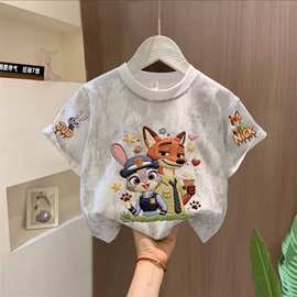 新款仿刺绣扎染印花短袖儿童服装男女童夏季纯棉T恤打底上衣代发