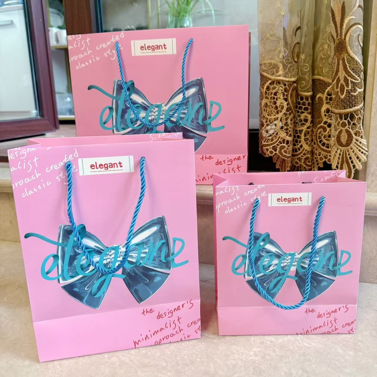 粉蓝蝴蝶结ins风时尚礼品袋手提袋纸制品包装袋子服装文具礼物袋