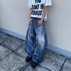 胖mm美式vibe复古设计感3D打印弯刀牛仔裤大码秋季小众宽松拖地裤