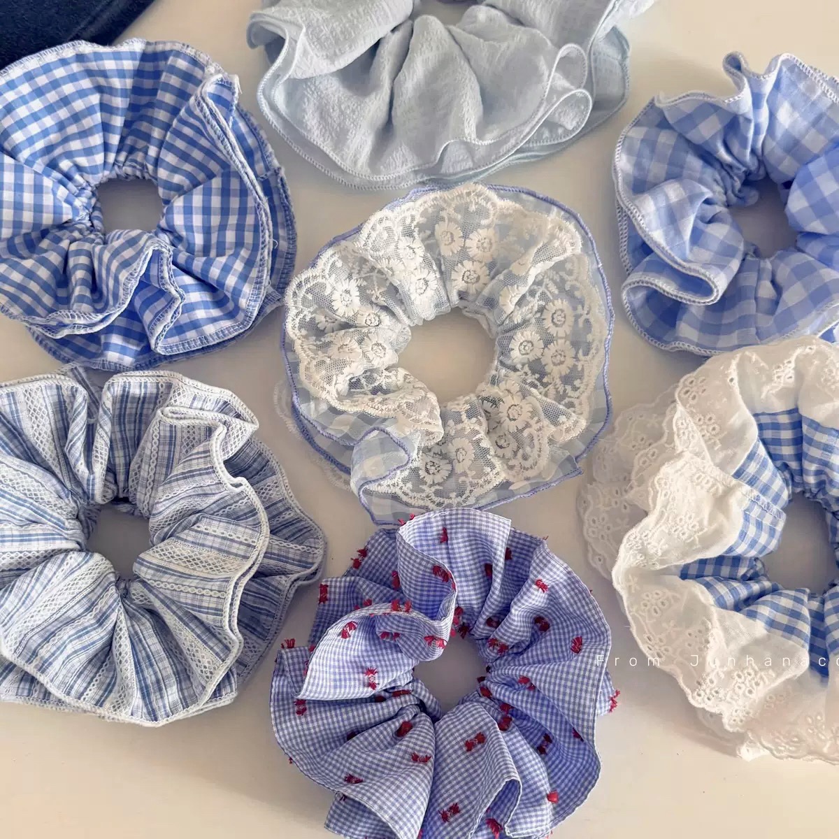 beautiful blue color lace plaid large intestine hair band women‘s high-grade headdress bun large size hair rope hair accessories