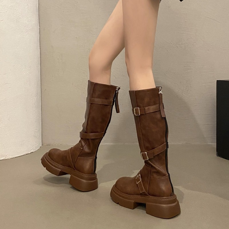 棕色长筒靴女2025秋冬新款厚底不过膝高筒骑士靴美拉德显瘦长靴子|undefined