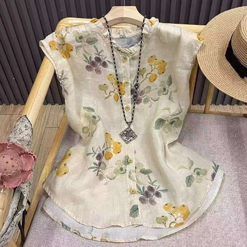 Vintage Print Sleeveless Youthful Blouse 2025 Summer Ruffled Artistic Versatile Top Elegant Shirt