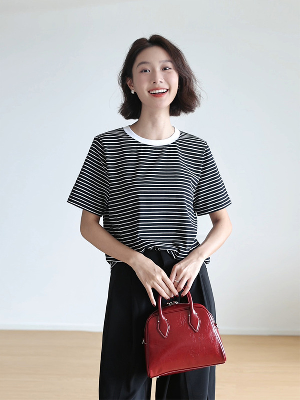 纯棉减龄条纹正肩t恤女短袖圆领经典宽松显瘦极简基础体恤衫上衣|undefined
