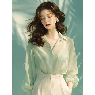 Mint Mambo Style Small Fresh French Unique Design Top Casual Chiffon Green Right Shoulder Shirt for Women Summer