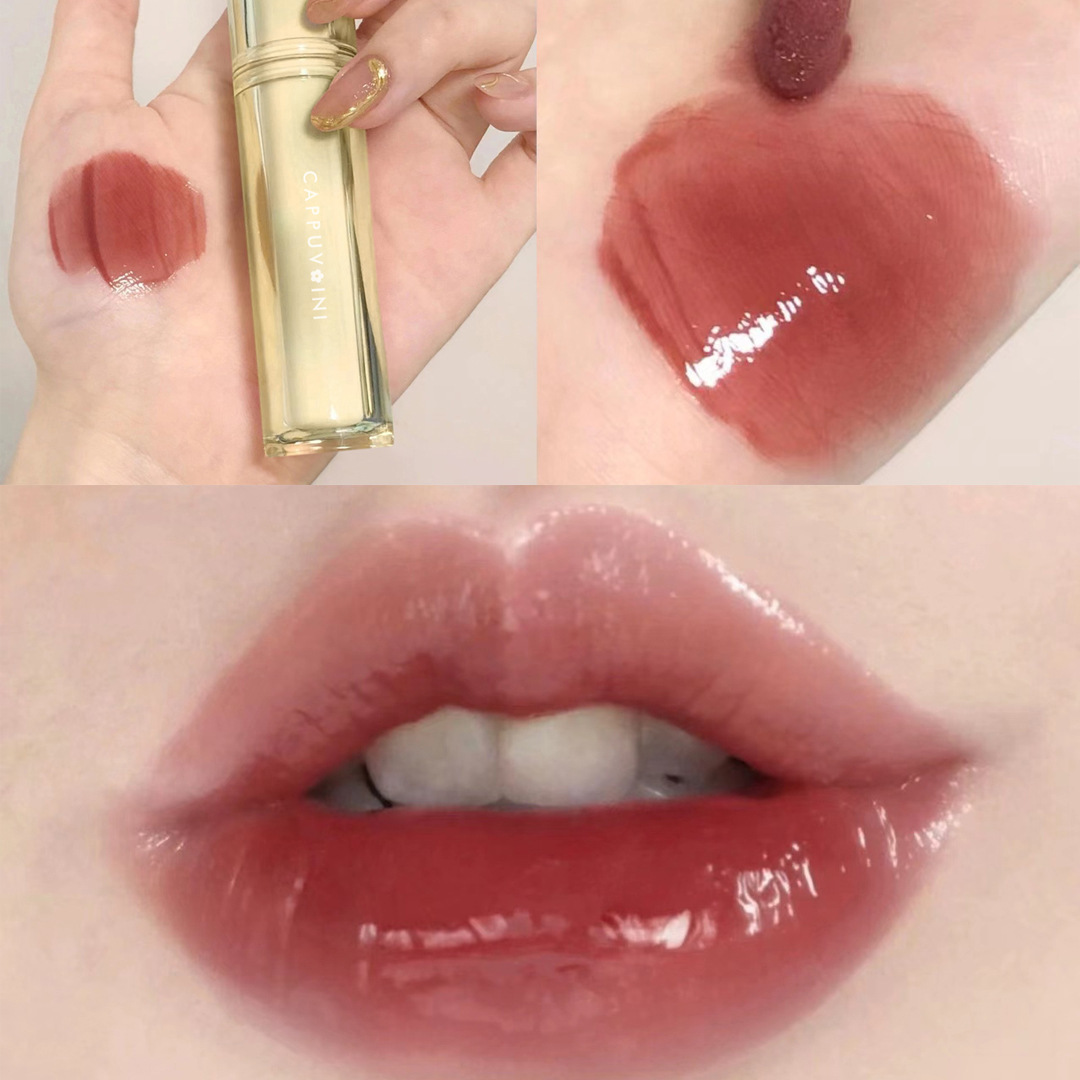 Cappuvini helado té espejo labio esmalte brillante labio brillante cristal jalea labio transparente tubo tarjeta burbuja Weini brillo de labios