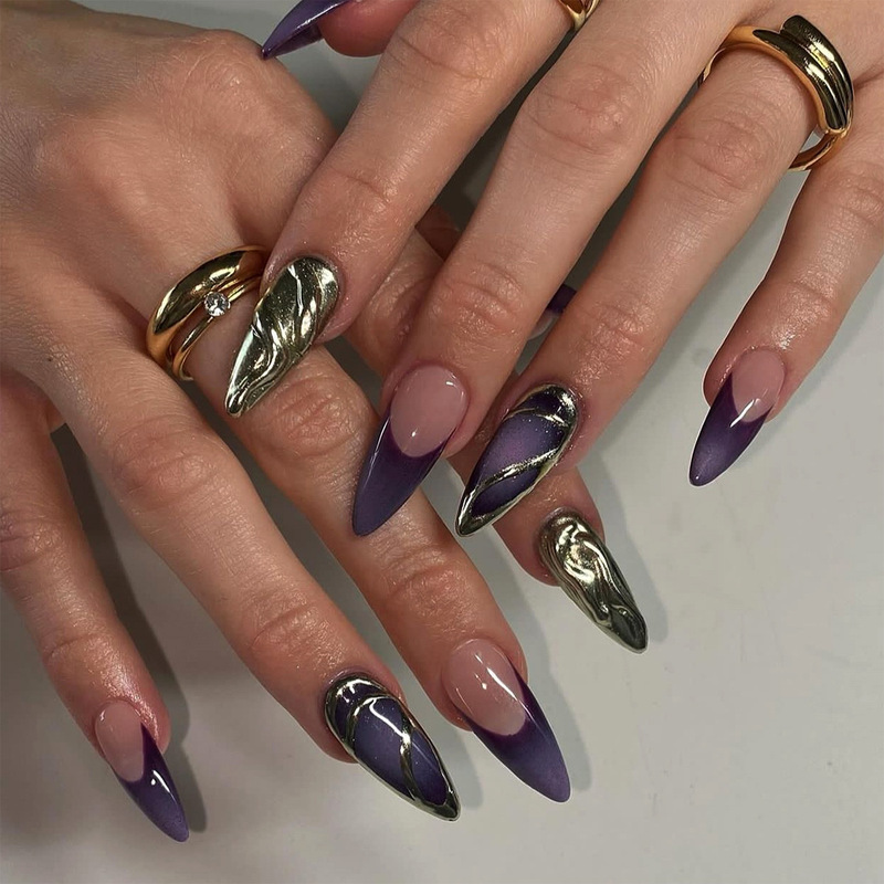 French Purple Nail Art False Nail silver Pearlescent Powder 3D Wear Nail Patch Almond Type Detachable Nail Patch