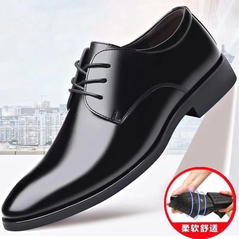 Leather Shoes Men's Spring and Autumn Business Dress Casual Shoes British-style Korean-style Groom Shoes Black Lace-up Work Shoes for Men