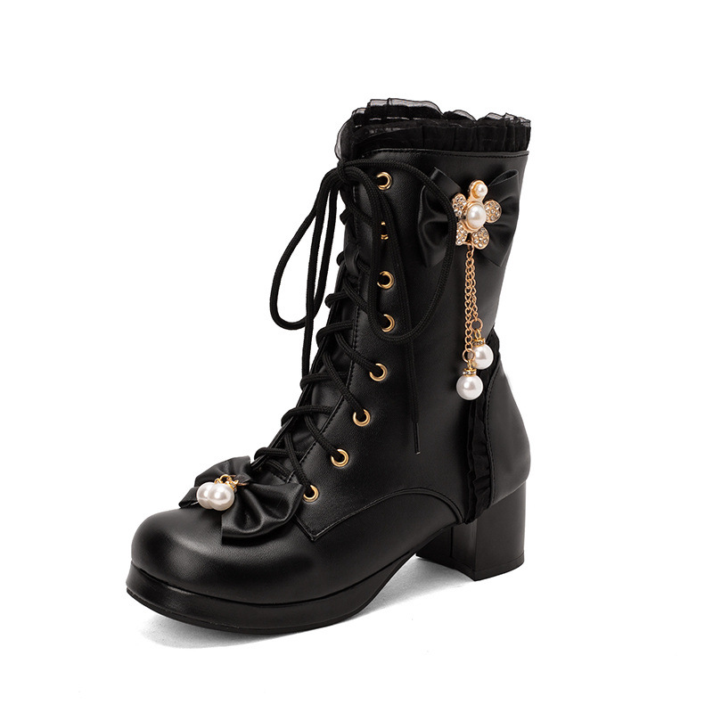 Female Bow Thick Heeled Short Boots Lolita Shoes