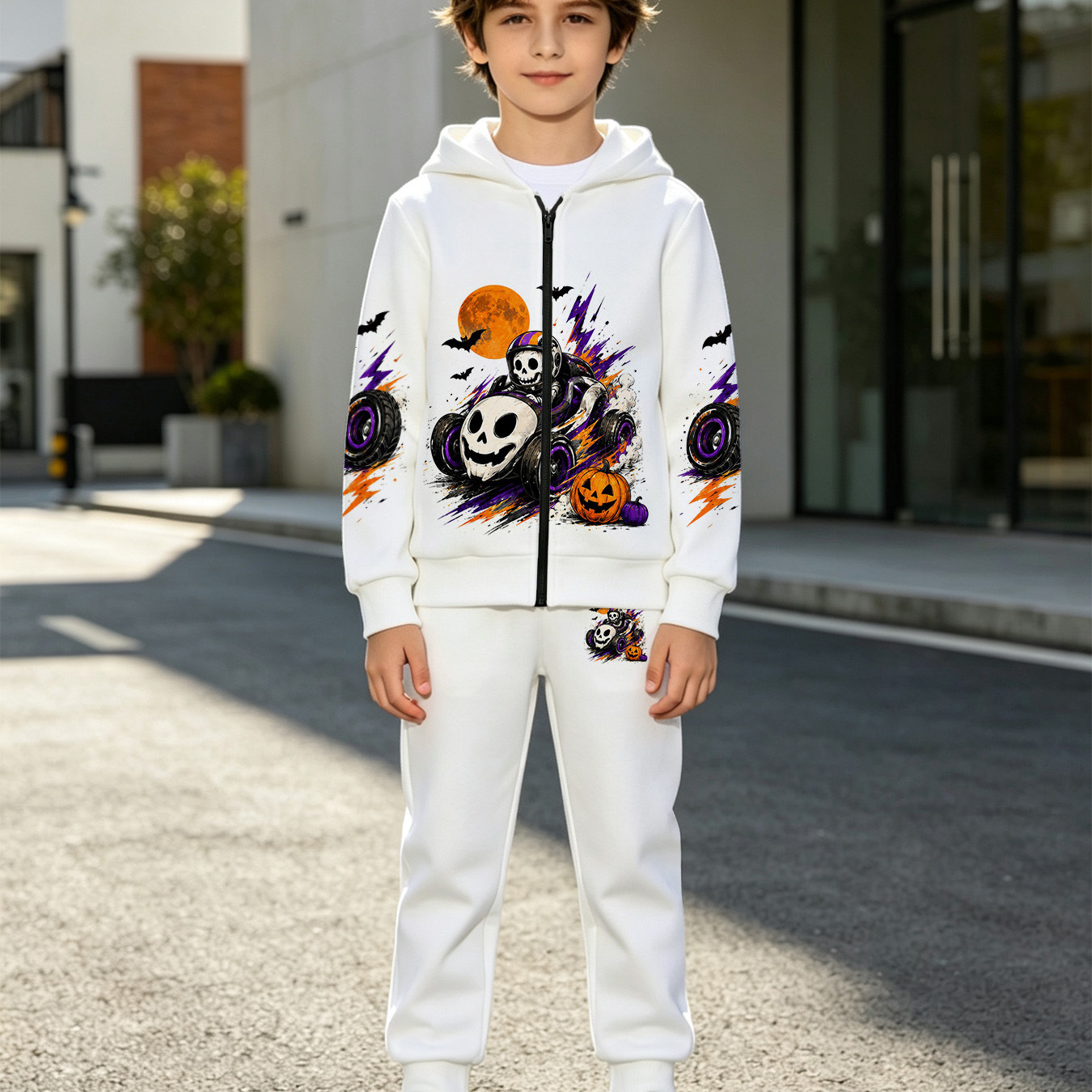 Halloween skull go-kart print pure white zip-up sweatshirt set for boys and girls, pumpkin bat casual two-piece set.