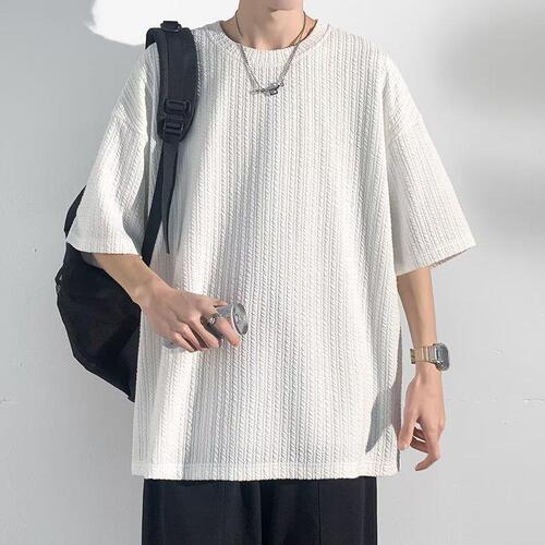 American-style striped t-shirt plain color short-sleeve T-shirt men's summer thin fashion five-sleeve t-shirt loose large size menswear