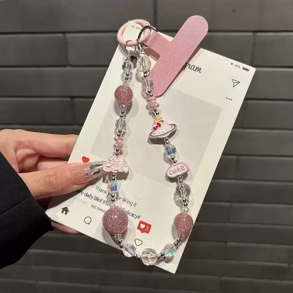 Pink Princess Fortune Mobile Phone Chain Wrist Strap New Alloy Cartoon Lanyard High-End Beaded Hanging Chain Pendant Camera