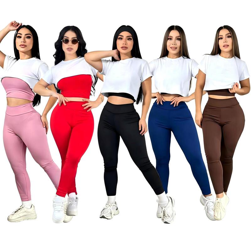Fashionable Yoga Outfit Three-Piece Set: Short T-Shirt, Tank Top, High-Waisted Butt-Lifting Leggings, Sports Suit Q6386