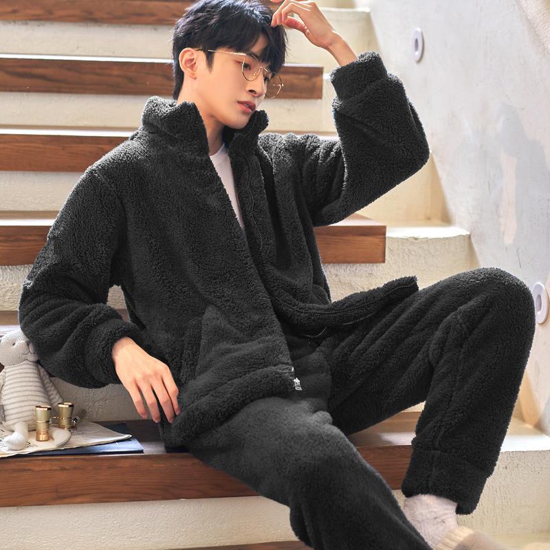 (남성용 겨울 잠옷, 플러시, 따뜻하고, 두껍고, 편안하고, 부드럽고, 가디건, 지퍼가 달린 가정복 정장은 외부에서 착용 가능