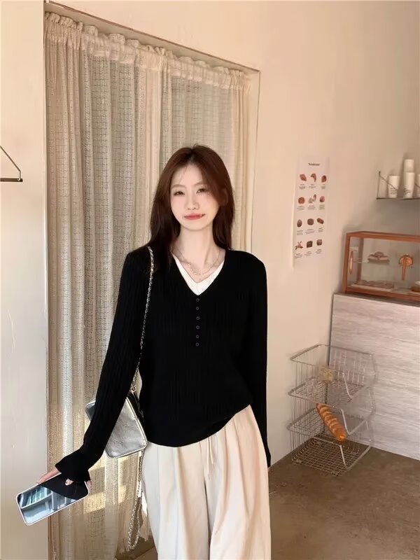 设计感纽扣v领假两件纯欲针织衫女春秋ins宽松慵懒风别致打底毛衣|undefined