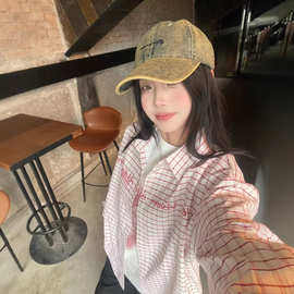 韩系新款爱心设计感的格子通勤衬衫显瘦百搭POLO领甜美防晒衬衣女