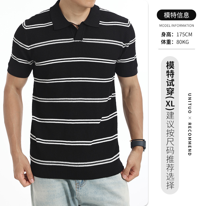 Europa y los Estados Unidos transfronterizos de verano hombre con solapa rayada hielo polo camiseta de negocios casual alta sensación de mangas cortas prendas de punto para hombres