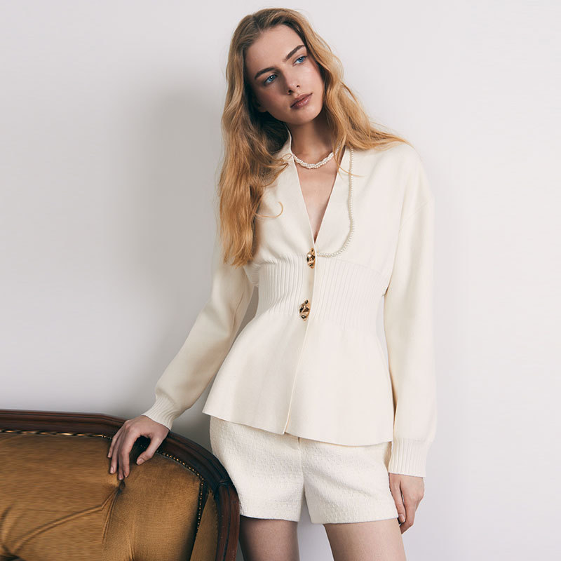 European and American Cross-Border Autumn and Winter New Style Chanel-Inspired Knitted Cardigan V-Neck Long-Sleeve Waist-Cinching Sweater Women's Fashion