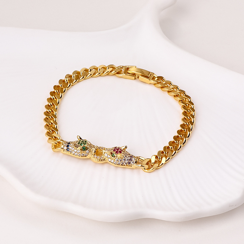 New personalized hip-hop double-headed full diamond leopard bracelet high color retention European and American style niche creative Cuban bracelet_voghion.com