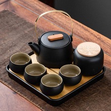 日式功夫旅行茶具套装便携包户外黑陶茶壶提梁壶茶盘一壶四杯LOGO