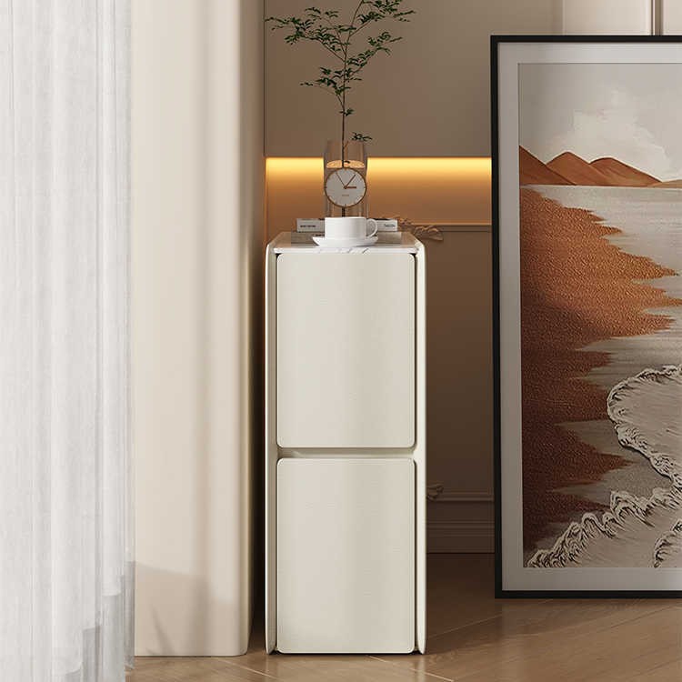 Narrow Bedside Table, Solid Wood, Modern Minimalist, Slate Cream Style, Leather Bedside Storage Cabinet, Small and Stylish Home Furniture, Narrow Model