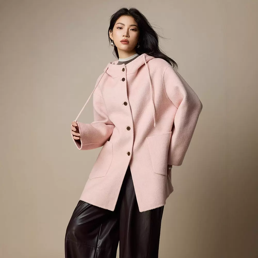 韩系减龄双面呢连帽羊毛大衣女秋冬毛呢外套25新款女装中长款呢子