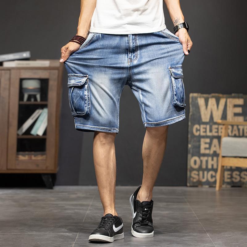 Simon Laine Summer Multi-Pocket Workwear Plus-Size Denim Shorts for Men, Trendy Loose-Fitting Mid-Length Shorts for Summer, Cross-Border