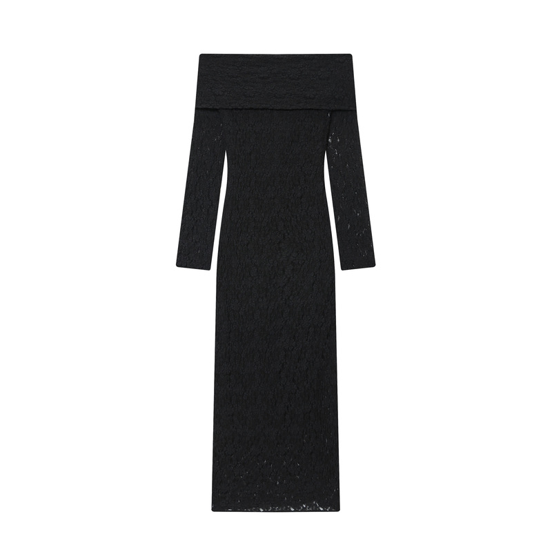 2026 Spring Fashion Women's Black Lace Strapless Long Sleeve Slim Fit European and American Style Mid-Length Dress