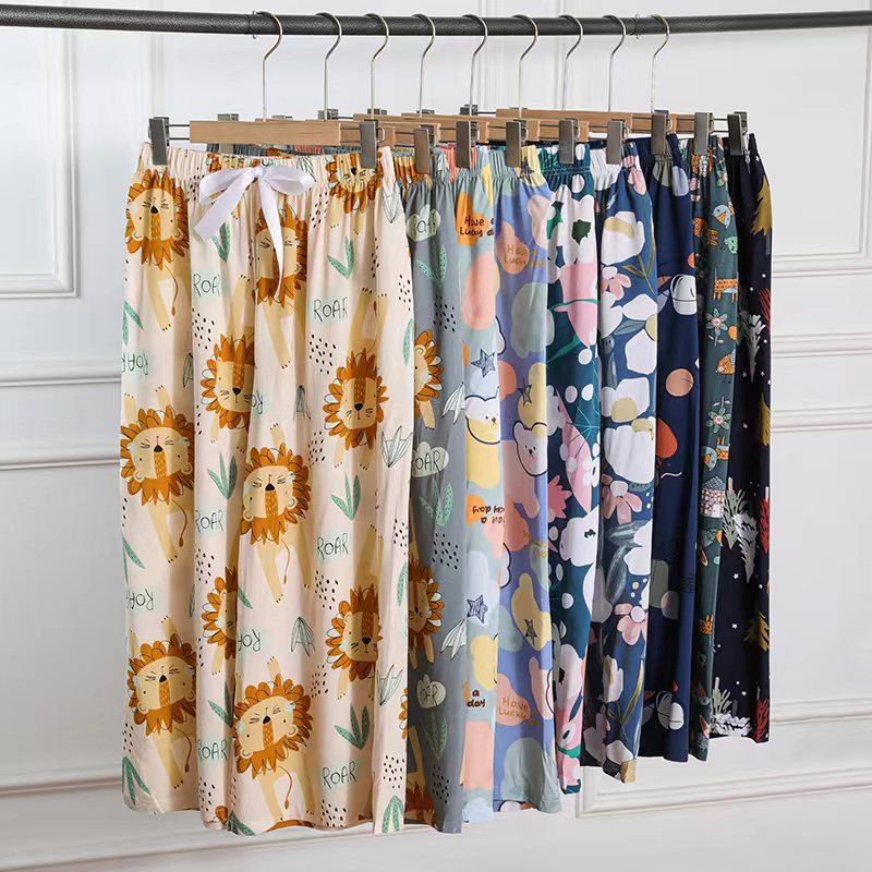 Cotton Silk Pajama Pants for Women in Summer, Thin Nine-Point Wide-Leg Pants, Internet Celebrity Hot Style, Can Be Worn Outside, Artificial Cotton Large Size Home Pants