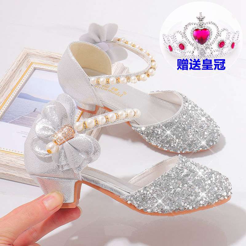 Little Girl High Heels Princess Shoes Girls Sandals Kidsren's Silver Crystal Shoes Primary School Students Catwalk Performance Dance Shoes