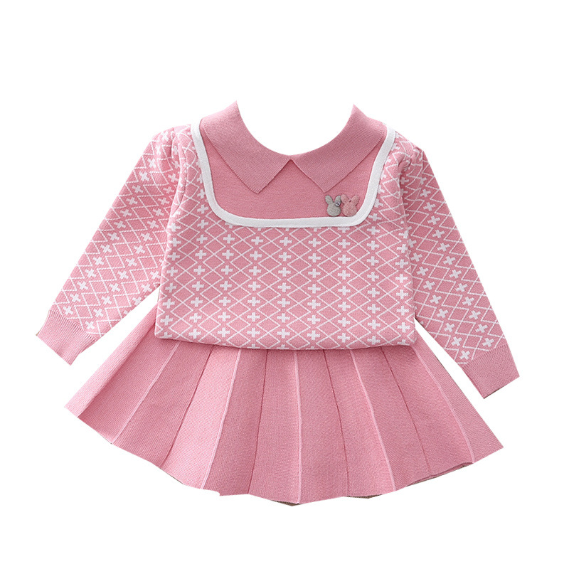 Korean version sweet and cute girl two-piece set for girls aged 1-8, college knitted sweater half skirt_voghion.com