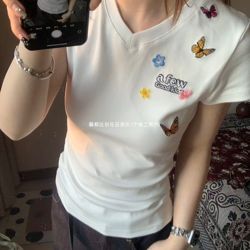 アメリカンサラウンドバタフライ刺繍フラワーカラー半袖シャツ女性用夏スリムフィットホットガールショートショルダートップ|undefined