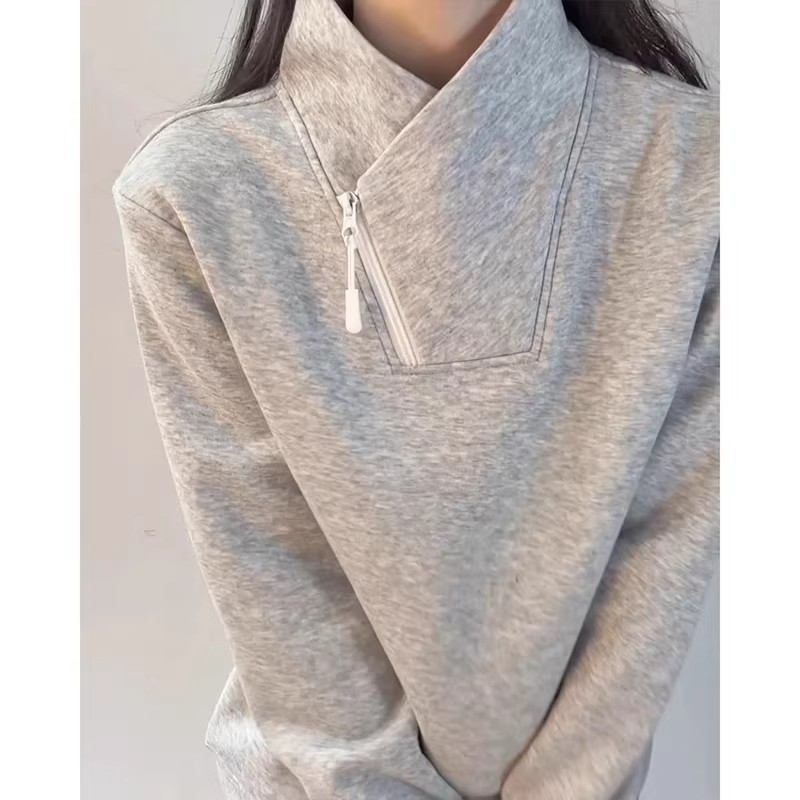 Versatile Diagonal Zipper Sweatshirt With High Neck Long Sleeves_voghion.com