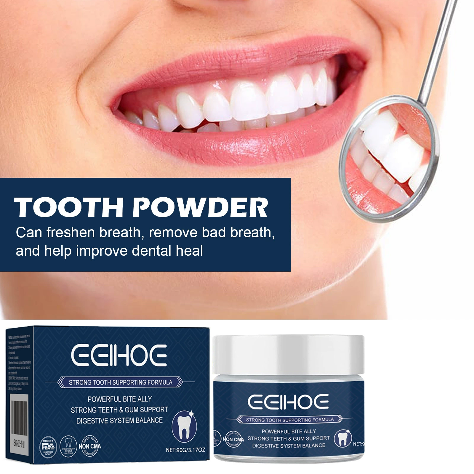 Отбеливающий порошок для зубов Eelhoe: удаляет пятна, отбеливает зубы, освежает дыхание, очищает полость рта, порошок для ежедневного ухода за зубами.