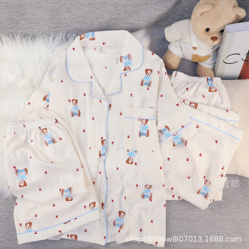 Hermosos pijamas de tela de rabu mujeres primavera y otoño verano nubes de algodón dulce mangas cortas pantalones cortos de tres piezas ropa para el hogar